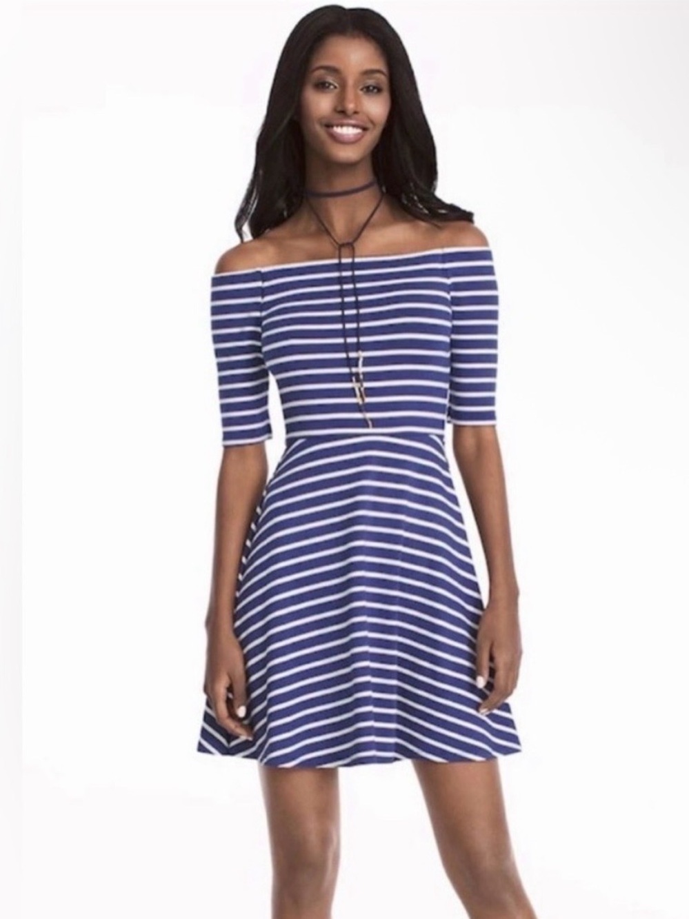 White House Black Market Blue and White Off-Shoulder Striped Fit-and-Flare Dress